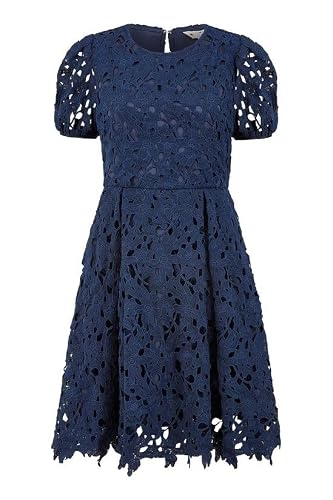 Yumi Navy Lace Skater Dress with Puff Sleeves (UK, Numeric, 16, Regular, Regular, Navy)