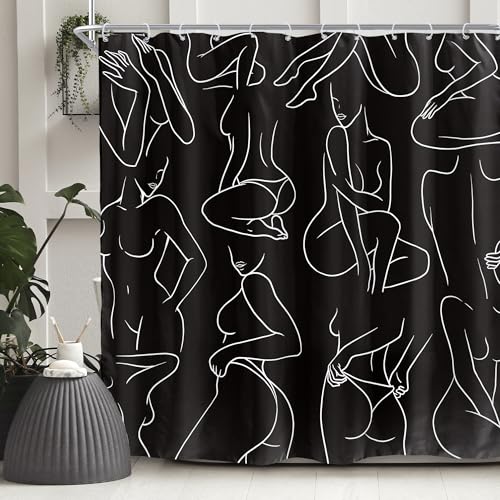 SVBright Black and White Shower Curtain 72Wx72L Inch Cute Modern Abstract Women Minimalist Line Art Ladies Aesthetic Creative Sketch 12 Pack Hooks Polyester Waterproof Fabric Bathroom Bathtub Panels