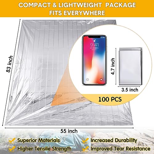 100 Pcs Emergency Blankets for Survival 83 x 55 Emergency Foil Thermal Reflective Space Blanket Bulk Waterproof Individually Wrap Survival for Car Camping Outdoor Homeless - Image 3