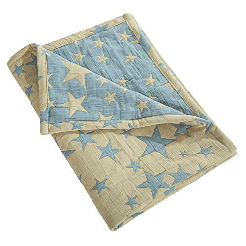 Image of NTBAY 3 Layer Toddler Blanket, Muslin Cotton Jacquard Bed Blankets, Lightweight Thermal Baby Blanket, Super Soft and Warm Crib Blanket for All Seasons, Decoration Gift, 30"x40", Blue and Yellow Star