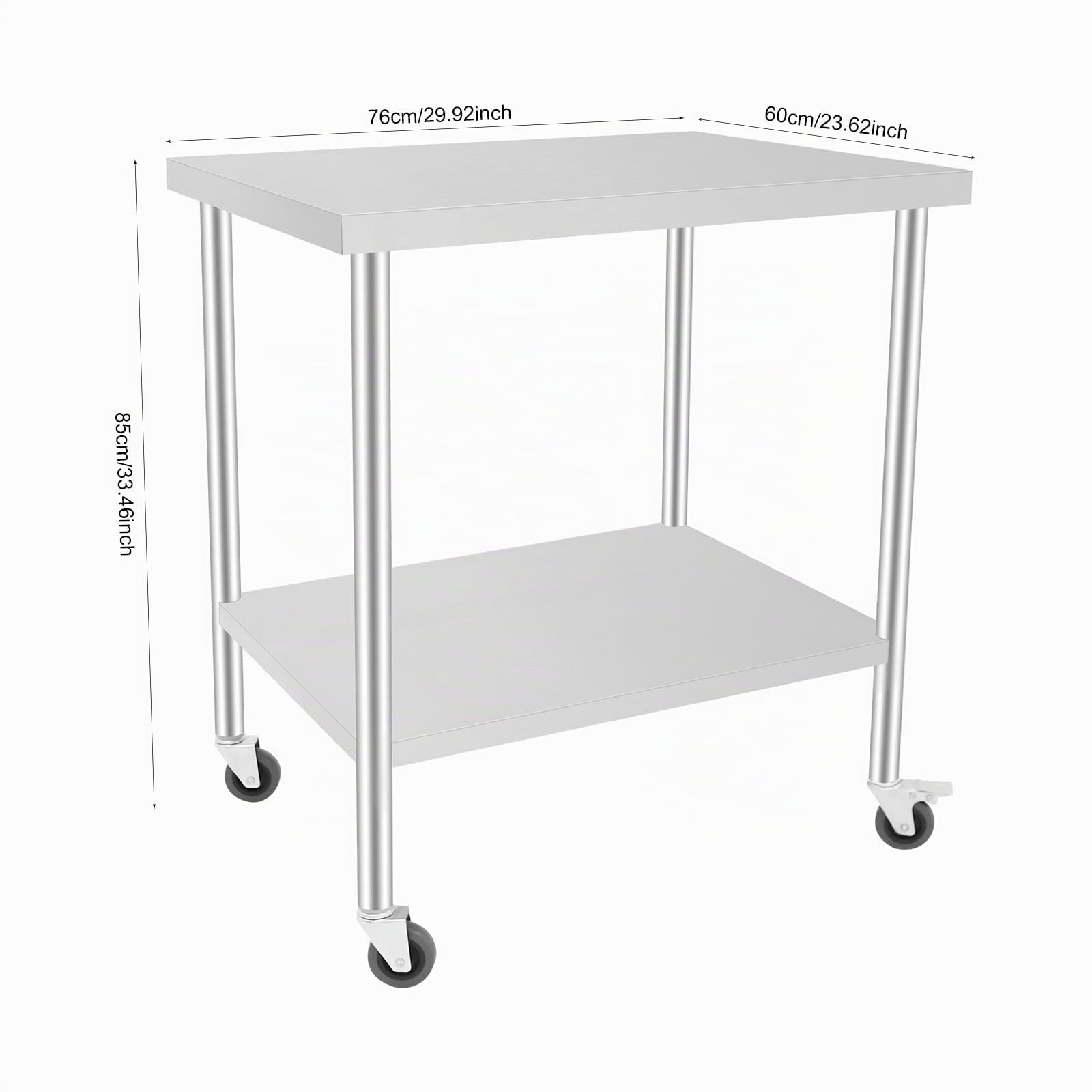 Tavolo da lavoro in acciaio inox, 70 x 60 x 85 cm, mobile da lavoro con 4 ruote universali con ruote, in acciaio inox, da cucina, da ristorante, da lavoro