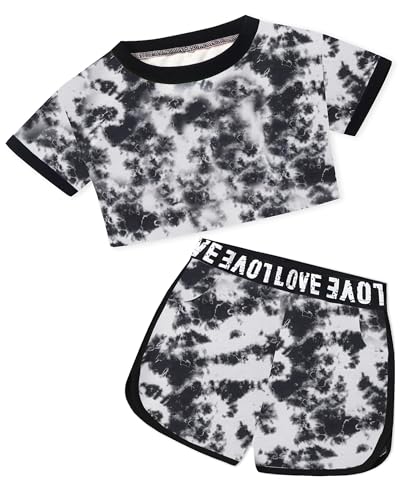 Image of Betusline Girls Summer 2 Piece Outfits,Kids Short Sleeve Crop Top & Shorts Set with Side Pockets