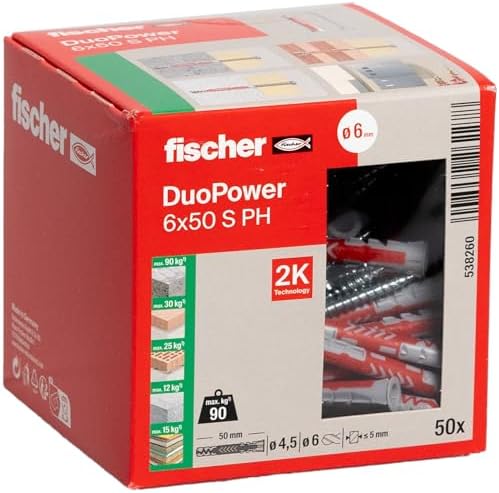 fischer DuoPower 6 x 50 S PH, Universaldübel mit Panheadschraube, 2-Komponenten-Dübel, Kunststoffdübel zur Befestigung in Beton, Ziegeln, Stein, Gipskarton uvm., 50 Dübel + 50 Schr