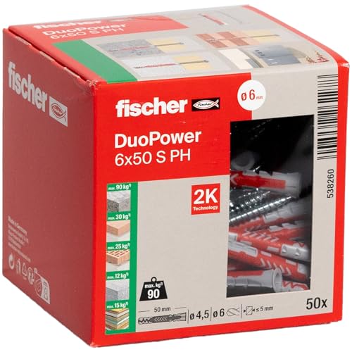 fischer DuoPower 6 x 50 S PH Universaldübel mit Panheadschraube 2-Komponenten-Dübel Kunststoffdübel zur Befestigung in Beton Ziegeln Stein Gipskarton uvm. 50 Dübel + 50 Schrauben
