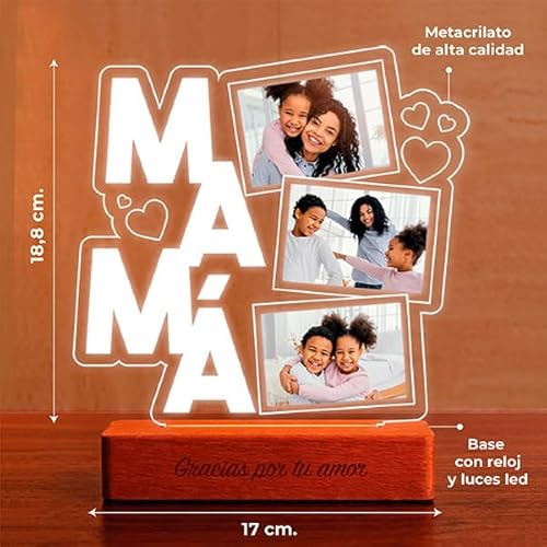 Transparent Gift Lámpara Personalizada con Tres Fotos para Mamá. Lámpara para el Día de la Madre. Regalos Originales y de Cumpleaños para Mujer. Regalos para Madres.