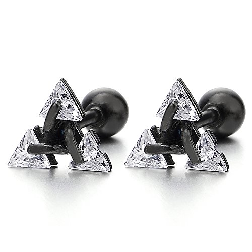 Stainless Steel Triangle Cubic Zirconia Stud Earrings for Men Women, Screw Back Post, 2pcs