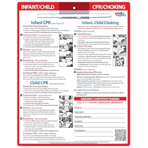 Infant and Child CPR and Choking Magnet - First Aid Quick Reference Card for Children - Emergency Phone Numbers - Laminated with Magnets, Marker - 8.5 x 11 in. Cover