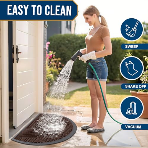Image of Smiry Half Circle Front Door Mat Outside Entrance, Heavy Duty Sturdy Natural Rubber Doormat, Trap Dirt and Moisture, Low Profile Mats for Indoor Outdoor Entry, Irregular Triangle (47x32, Dark Brown)