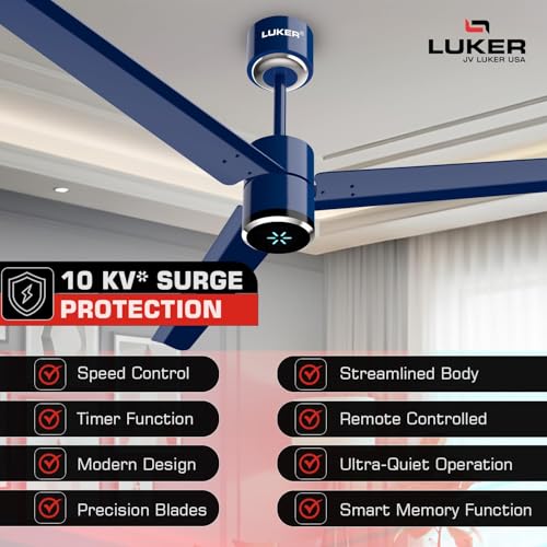 Image of LUKER JVLuker USA Aerozen Prime 1200mm BLDC Ceiling Fan with IR Remote BEE 5 Star 65% Energy Saving High Air Delivery Low Noise LED Indicator Reverse Mode for Living (Ocean Blue-Chrome)