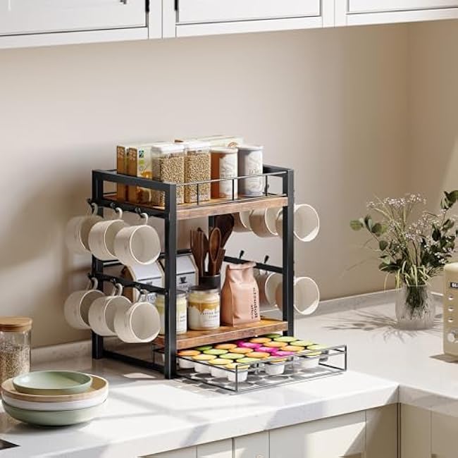 HOOBRO Coffee Mug Cup Holder,Tree Bar Station Organizer for Countertop,12 Hooks Mug Stand Rack with Sliding Drawer for 30 K-Cup Pods, 2 Tier Mug Display Stand, Rustic Brown and Black BF11TL01