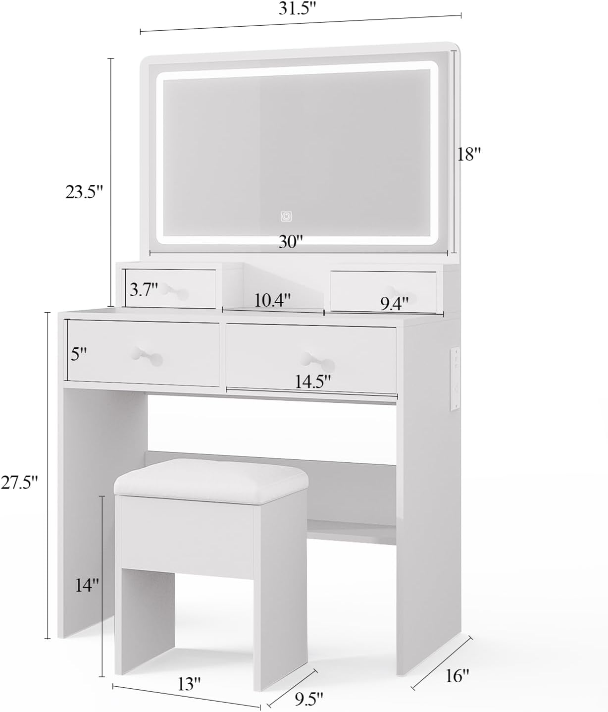Haewon White Vanity Desk with Mirror and Power Outlet, Makeup Vanity with Adjustable Brightness and 3 Lighting Modes, Dressing Table Set with 4 Drawers, Storage Chair for Bedroom