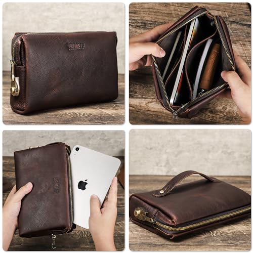 Image of Top Grain Genuine Leather Clutch Wallet for Man & Woman, Handmade Retro Design, Combination Lock & Retractable Strap & Multi Pockets /Slots, Portable RFID for Cards /Checks /Phone /Banknote, Red Coffee