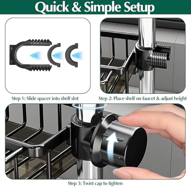 Sponge Holder for Kitchen Sink, Adjustable Over Faucet Sink Caddy Organizer Rack with Tray & Towel Hook, Fits Round Pipe, Includes Sponge & Steel Scrubber