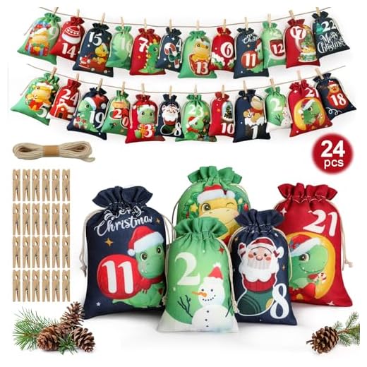 Edonkvi Calendario Adviento para Rellenar, 2024 Calendario Adviento Kinder Vacio, Bolsitas Calendario Adviento Navidad Tela, Bolsas Regalos Calendario Adviento DIY para Niños Niña Chico Infantil