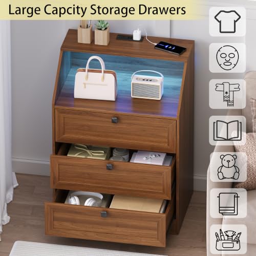 Image of Wodeer Walnut Dresser 3 Drawer Nightstand, Wood Night Stand with LED Lights, Charging Station, Metal Handles, Modern Storage Cabinet and Organizer Drawers for Living Room, Hallway