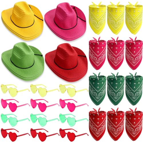 Chicingyou 12 Pieces Straw Cowboy Hats with Bandanas and Glasses, Costume Hat Accessories for Birthday Western Theme Party Supplies