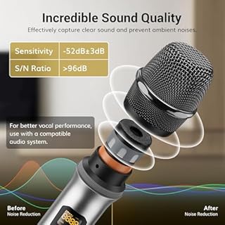TONOR Wireless Microphones System, 2 * 15 Channel Metal Professional UHF Cordless Dynamic Handheld Mics with Receiver for Home Karaoke, Meeting, Party, Church, Wedding, KTV, 60 m/200ft, TW-820 Silver