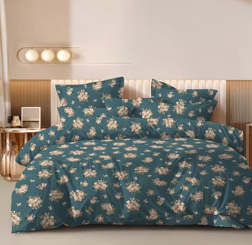 Image of 3D Print 180 TC Cotton Feel All Around Elastic Fitted Bedsheets King Size, for Double Bed with 2 Pillow Covers, Size- 78 inch x 72 inch (Green Flower)