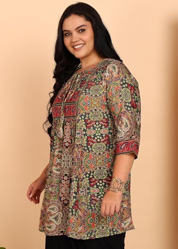 Image of Yash Gallery Women's Polyester Relaxed Fit Short Floral Placet 3 /4 Sleeve and Keyhole Neck Printed Kurti