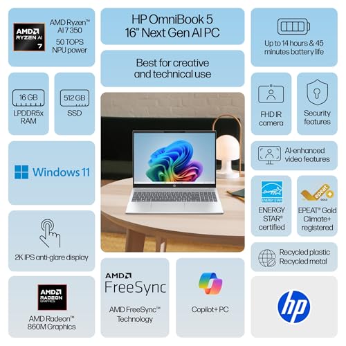 Image of HP OmniBook 5 Laptop: Ryzen AI 7 350, 16GB DDR5 RAM, 512GB SSD, 16 inch 2K (1920x1200) Non-Touch IPS Display, Windows 11