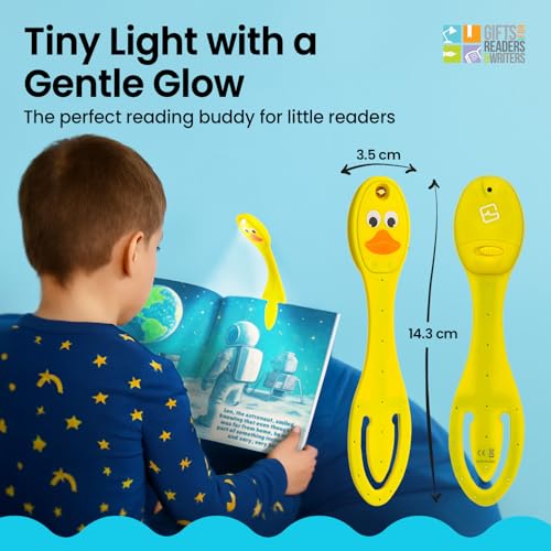 Image of Gifts for Readers & Writers Book Light, Clip On Reading Light for Bed, 2in1 Flexilight & Bookmark, Small & Lightweight with a Soft Glow, 2 Batteries Included, Duck