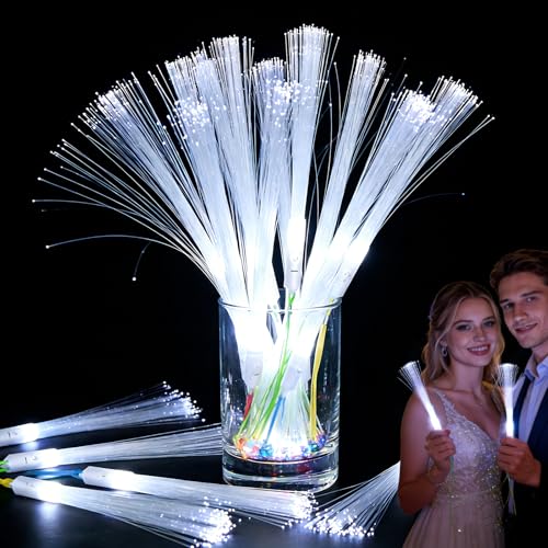 SUNLUMI 50Pcs White Fiber Optic Wands Led Cold Sparklers Wedding Send Off Ideas 3 Flashing Modes Wedding Glow Sticks for Reception Light up Wands Fiber Optic Lights for Party Favor