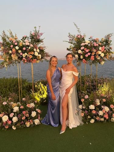 Sukleet Women's Satin One Shoulder Bridesmaid Dresses Long with Slit Shawl Ruched Mermaid Formal Prom Dress3