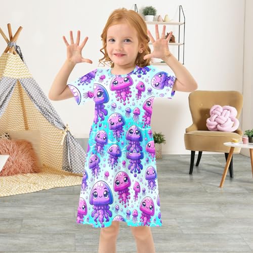 CHIFIGNO Cute Cartoon Jellyfishes Teal Girls Dress Short Sleeve Casual Summer Dress Crewneck Summer Clothes for Girls3