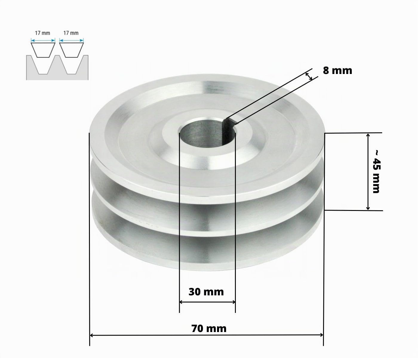 Keilriemenscheibe 70mm 2-rillig Für Keilriemen SPB 17mm Welle 30mm, Varianten Riemenscheiben 60mm-160mm Welle von 19 mm bis 42 mm mit Keilnut, Doppelrad 2x17mm Riemenrad Riemenantrieb