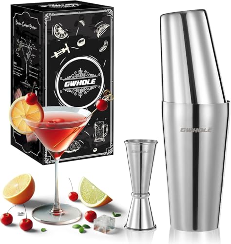 GWHOLE Boston Cocktail Shaker 750ML & 550ML with Jjigger Cocktail Making Kit 3 PCS Bar Tool Accessories Set for Bartender Home Bar Men Women Christmas Birthday Anniversary Wedding Gift