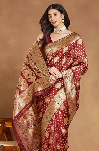 Image of Janasya Women's Maroon Silk Blend Ethnic Motifs Woven Design Jacquard Saree with Blouse Piece