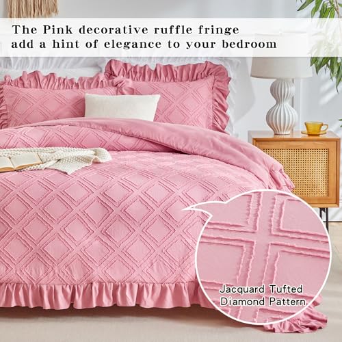 Flysheep Tufted Ruffle Duvet Cover Set King Size, 3 Pieces Vintage Farmhouse Shabby Chic Ruffled Duvet Cover with Zipper Closure, Luxury Jacquard Boho Bohemian Bedding Set (Pink, King) by Flysheep - Image 3
