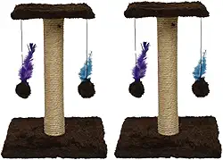 Arranhador Para Gatos Pet Poste Sisal Brinquedo Com Bolinha Pena Duas Bases(Kit 2x Marrom)