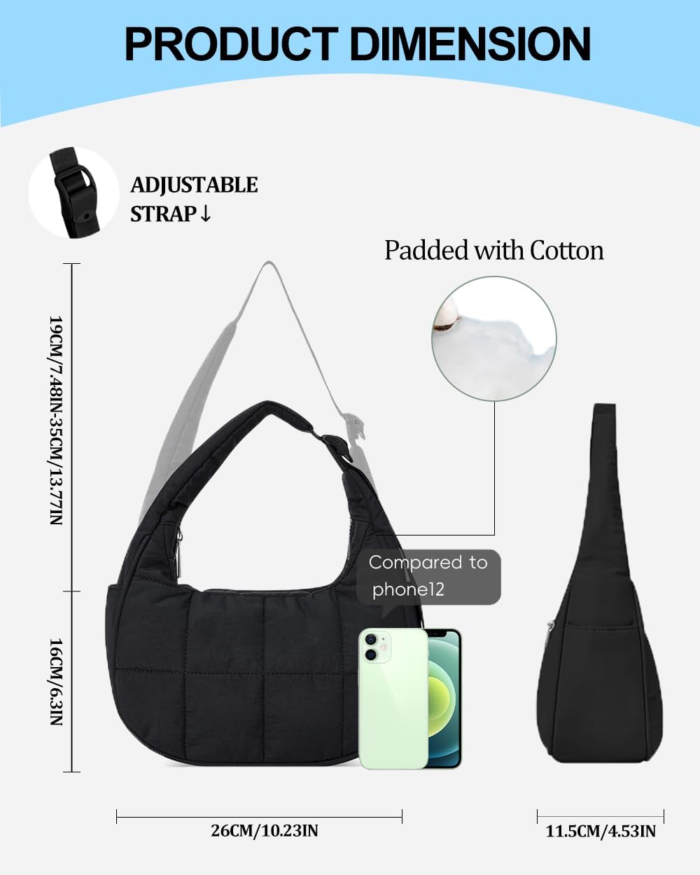 Small Crescent Puffer Purse Shoulder Bag for Women Nylon Quilted Purses Bag Adjustable Shoulder Strap Puffy bag - Image 4