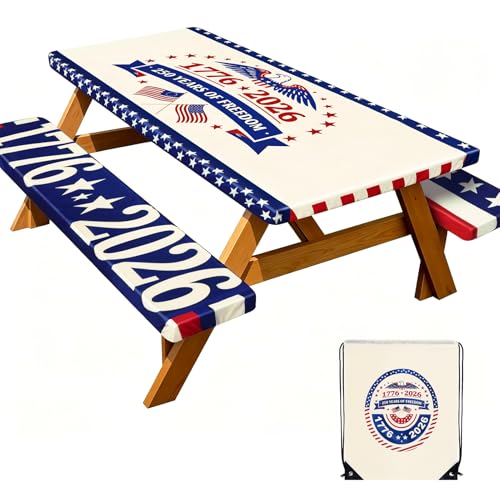 250 Anniversary 4th of July Picnic Table Cover with Bench Covers, 72x30 Inch 250th Anniversary Fitted Rectangle Tablecloth, Waterproof Windproof Polyester Outdoor Picnic Table Cover with Storage Bag