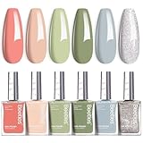 Beetles Nail Polish Set P176, 6 Colors Glitter Green Nude Natrual Pink Nail Lacquer Fast Drying & Long Lasting Finger Fall Nail Polish Glitter Effect for DIY Nail Art Salon at Home Gifts for Women