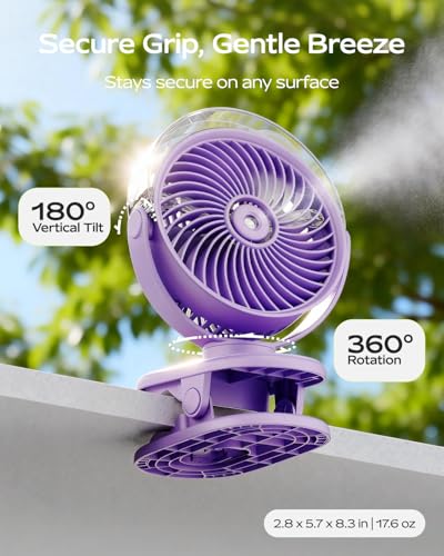 SWEETFULL Portable Misting Clip On Fan, USB-C Rechargeable Mini Personal Cooling Fan with 4 Speeds, 360° Rotatable, Quiet Cooling for Outdoor, Camping, Golf Cart, Travel, Stroller & Desk (Purple) — view 6