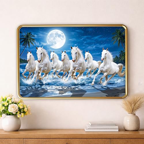 Image of XOPY Seven Running Horses with Golden Frame | Vastu 7 horses Raw Pyrite Painting for Home, Office & Living Room Wall Decore | 12X18 Inch Sparkle Laminated Frame | Best For Gifting (53319, 12X18)
