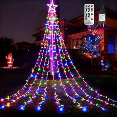 WBao Outdoor Christmas Decorations with 12" Star Topper, 344 LED 11.9ft Waterfall Christmas Lights with Remote Control, 8 Modes, 3 Timers, UL Listed, Waterproof for Tree Roof Porch Decor, Multicolor