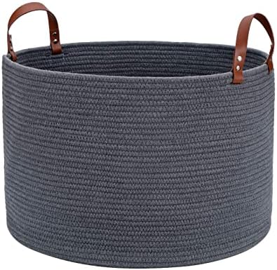 Large Baskets for Storage Cotton Rope Basket Laundry Basket Hamper- Hombins Woven Toy Bin Blanket Holder XXL Grey Collapsible Laundry Basket with Leather Handle, 20"X20"X13"