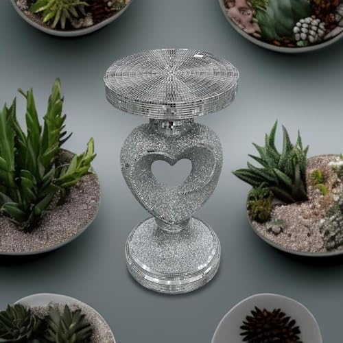 AIDNI Silver Heart Shape Mirrored Side Table, Crushed Diamond Sparkly End Table, Luxury Crystal Glam Bedside Stand or Plant Holder for Bedroom & Living Room Decor– 60cm Tall