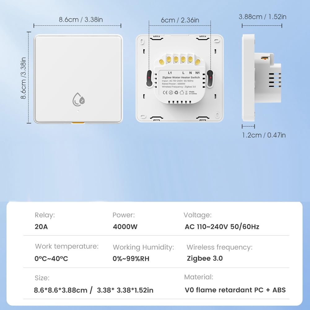 Interrupteur Intelligent Tuya Zigbee RF433 20 A 4 000 W pour Chauffe-Eau, Moniteur D'Alimentation Mural avec Assistant IA, Blanc.