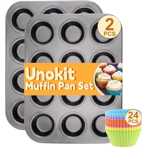 Unokit 2PCS Muffin Pan for Baking, 12 Cups Regular Cupcake Pan with 24PCS Nonstick Cupcake Liners, Carbon Steel Muffin Tin for Oven, BPA Free and Dishwasher Safe Cover