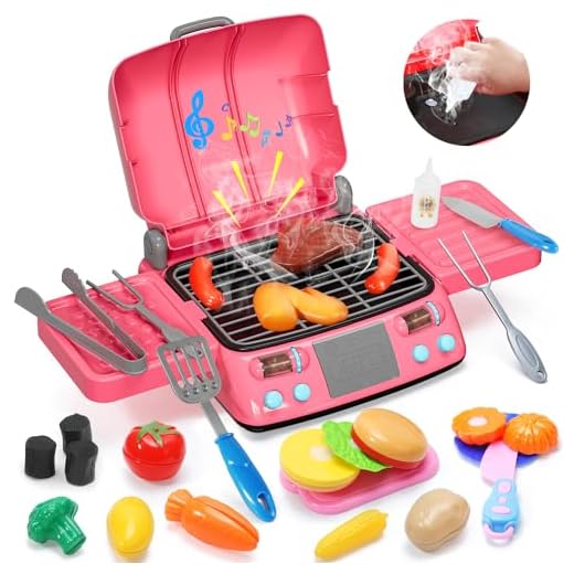 INVISBLUE ㅤ Kids BBQ Grill Playset w/ Smoke Sounds Lights, Gourmet Cooking Box Toy, Simulation Cooking Toy and Pretend Play, Outdoor Indoor Barbecue Camping Toys for Toddlers Girls 2 3 4 5 6 Year Old