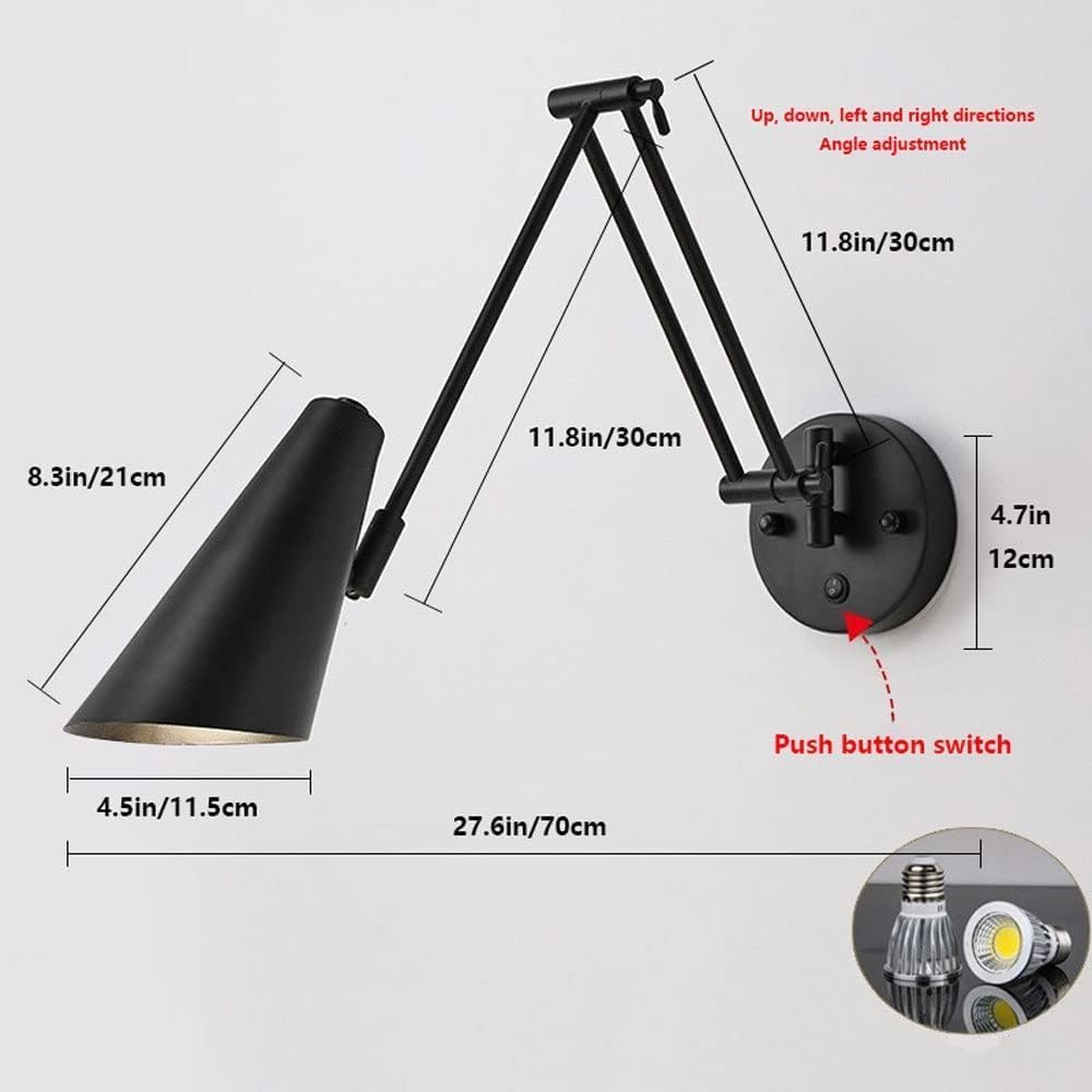 Vintage Industrial Swing Arm Wall Sconce Dimmable Switch Adjustable Gold Long Arm Wall Mounted Reading Light Black White Farmhouse Hardwire Wall Lamp for Bedroom Bedside Headboard