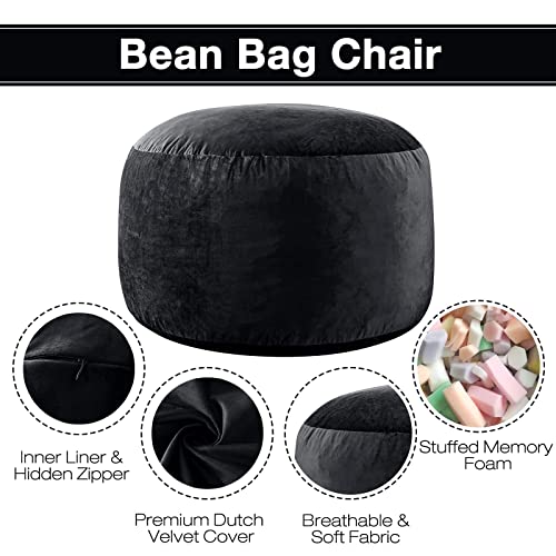 Whatsbedding [Removable Outer Cover] Bean Bag Chairs For Adults, Bean Sofa With Memory Foam Filling, Soft Furniture Bag With Dutch Velvet Cover, Machine Washable, 3 Foot, Pure Black #TOP1