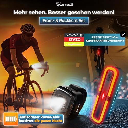 Fahrradlicht Set mit Bremsanzeige - Fahrradlampe LED StVZO zugelassen & IPX5 wasserdicht - Fahrradbeleuchtung vorne & hinten USB aufladbar - Fahrrad Frontlicht & Rücklicht mit aufladbarem Power-Akku