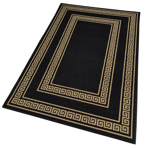Image of Matz&More Greek Double Line Rug | 100x150 CM | Black Gold | Soft Nylon Loop Pile with Anti-Slip Gel Backing | Living Room, Bedroom & Office Floor Carpet