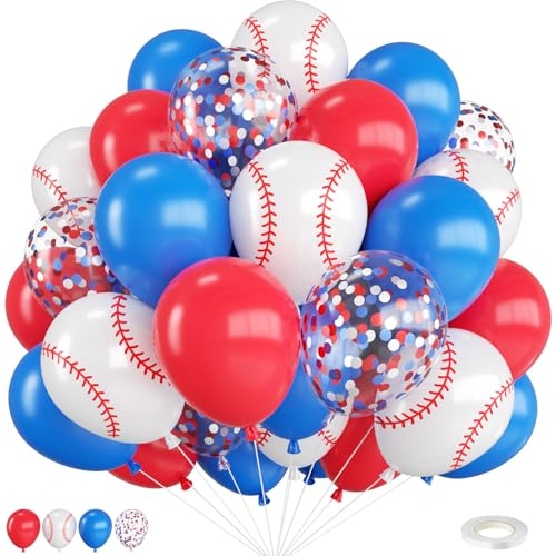 Red Blue and White Baseball Balloons 12 Inch Printed Baseball Balloon with Confetti Balloons for Boys Baseball Themed Birthday Sport Theme Party Decorations