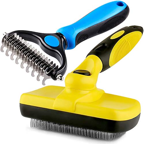 Moikin 2 in 1 Pet Grooming Kit - Dog & Cat Self Cleaning Wire Slicker Brush, Dematting Comb, Dog Brushes, Shedding Tools for Small Medium Large Dogs and Cats with Short, Medium or Long Hair